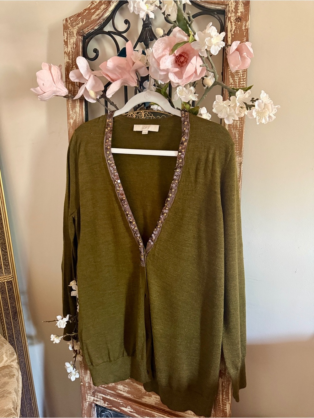 LOFT Olive Green Beaded Trim V-Neck Cardigan - Picture 3 of 6